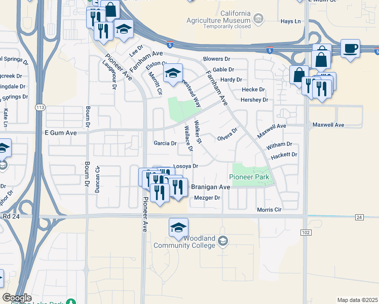 map of restaurants, bars, coffee shops, grocery stores, and more near 910 Wallace Drive in Woodland