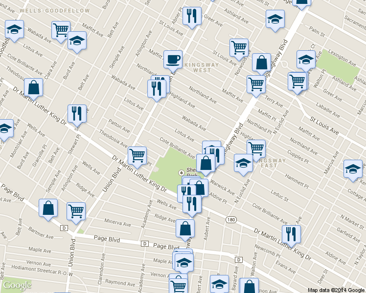 map of restaurants, bars, coffee shops, grocery stores, and more near 5119 Cote Brilliante Avenue in St. Louis