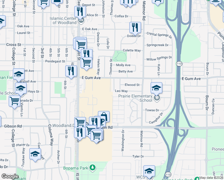 map of restaurants, bars, coffee shops, grocery stores, and more near 928 Leo Way in Woodland
