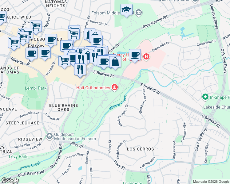 map of restaurants, bars, coffee shops, grocery stores, and more near 1568 Creekside Drive in Folsom