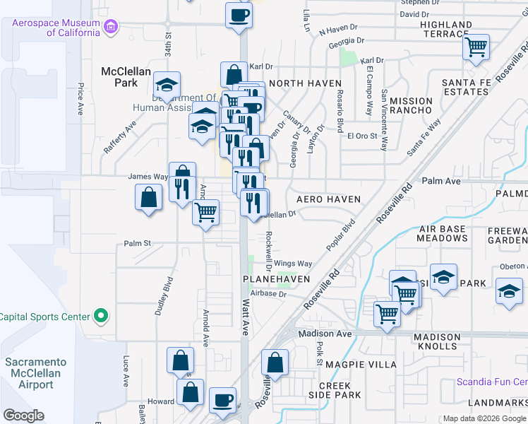 map of restaurants, bars, coffee shops, grocery stores, and more near 5520 Omega Court in North Highlands