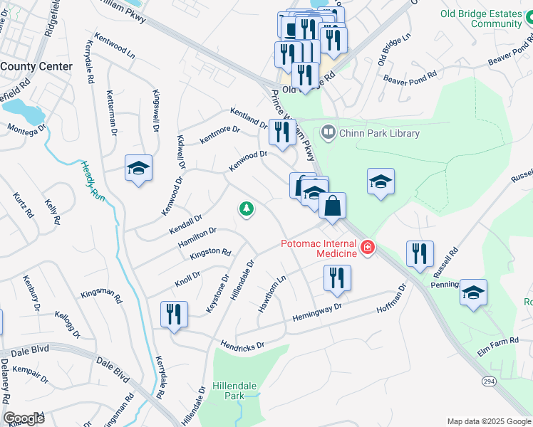 map of restaurants, bars, coffee shops, grocery stores, and more near 13124 Haddock Road in Woodbridge