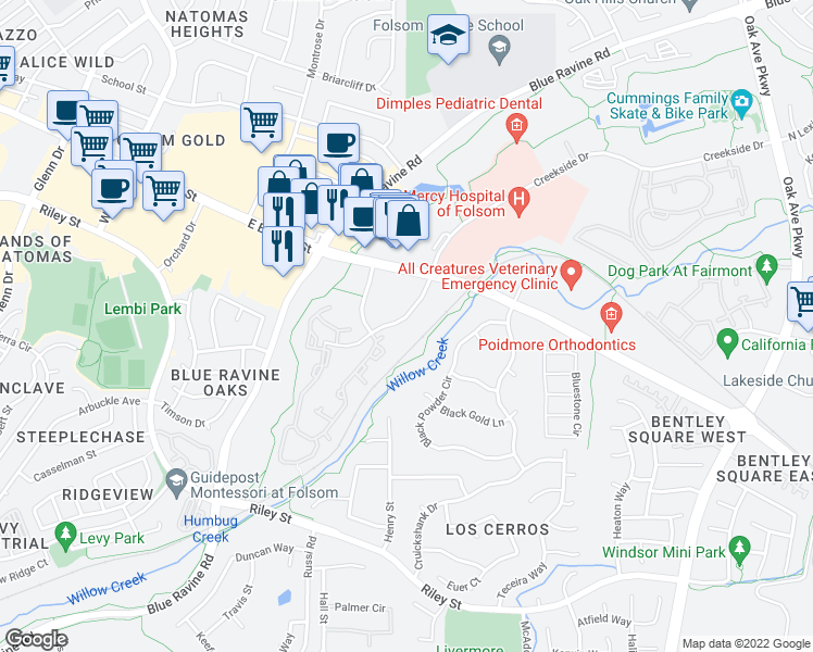 map of restaurants, bars, coffee shops, grocery stores, and more near 1568 Creekside Drive in Folsom