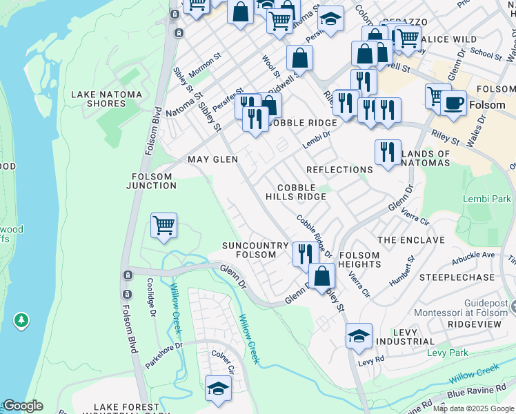 map of restaurants, bars, coffee shops, grocery stores, and more near 1002 Sibley Street in Folsom
