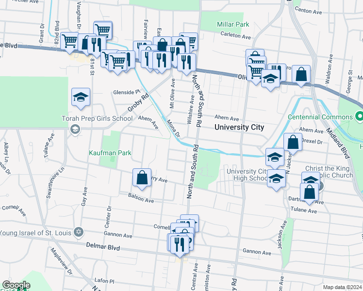 map of restaurants, bars, coffee shops, grocery stores, and more near 7723 Wild Plum Avenue in St. Louis