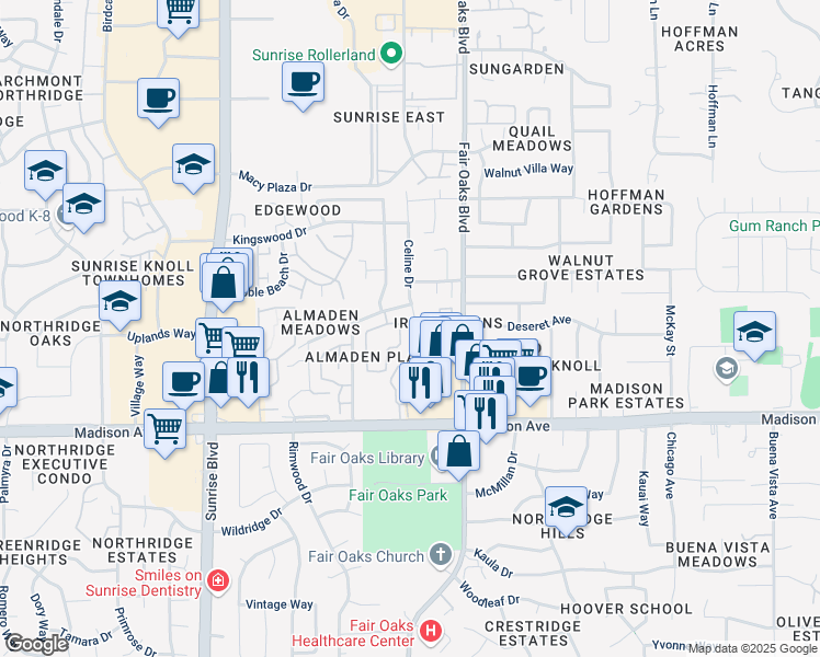 map of restaurants, bars, coffee shops, grocery stores, and more near 5519 Mike Arthur Court in Citrus Heights