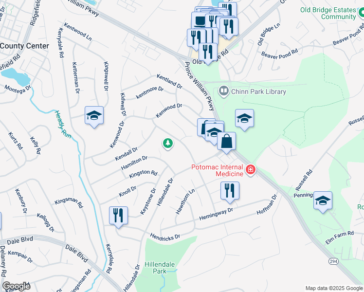 map of restaurants, bars, coffee shops, grocery stores, and more near 13124 Haddock Road in Woodbridge