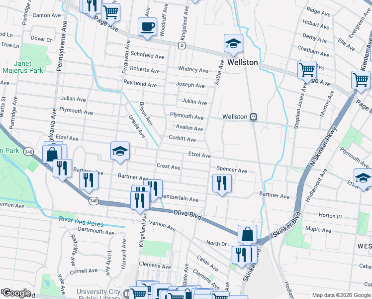 map of restaurants, bars, coffee shops, grocery stores, and more near 6547 Etzel Avenue in University City