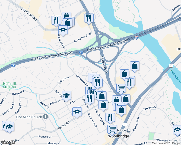 map of restaurants, bars, coffee shops, grocery stores, and more near 13197 Putnam Circle in Woodbridge