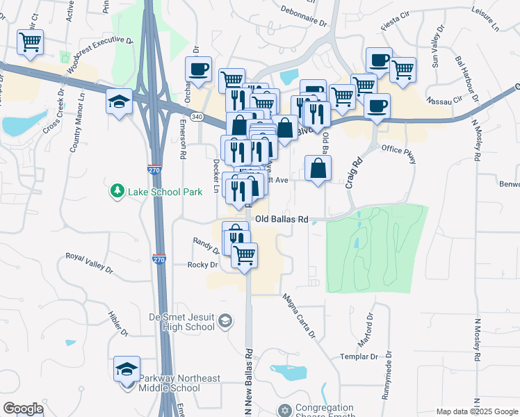 map of restaurants, bars, coffee shops, grocery stores, and more near 620 North New Ballas Road in Creve Coeur