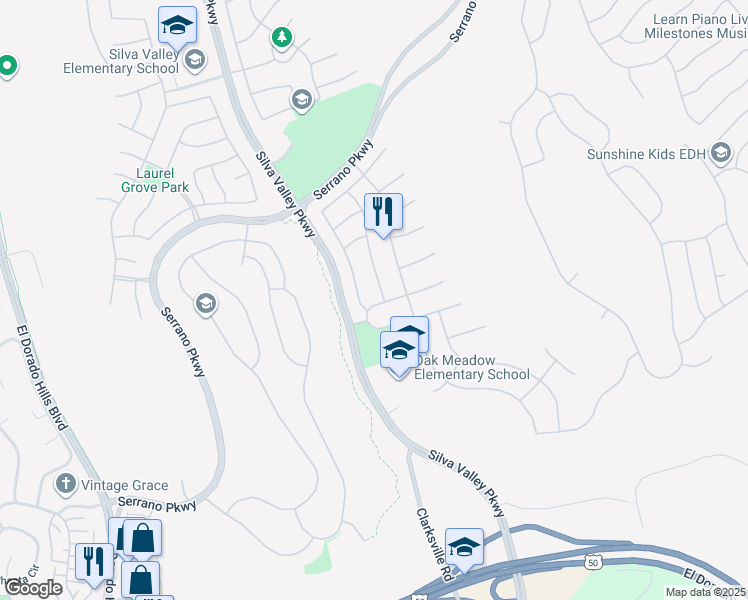 map of restaurants, bars, coffee shops, grocery stores, and more near 2130 Armsmere Circle in El Dorado Hills