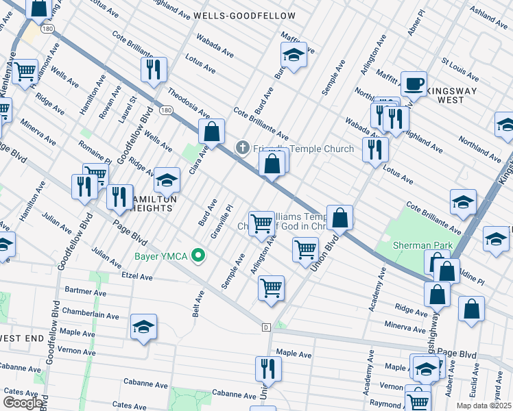 map of restaurants, bars, coffee shops, grocery stores, and more near 1452 Belt Avenue in St. Louis