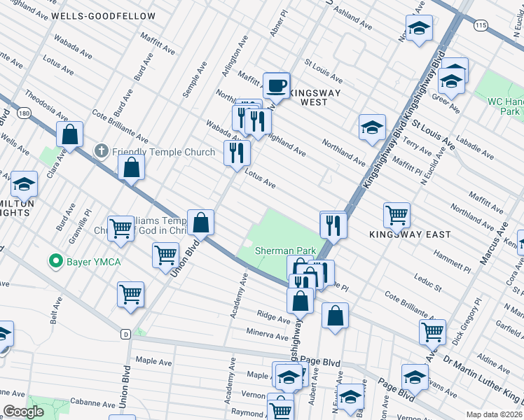 map of restaurants, bars, coffee shops, grocery stores, and more near 5206 Cote Brilliante Avenue in St. Louis