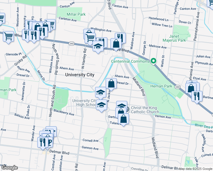 map of restaurants, bars, coffee shops, grocery stores, and more near 7411 Chamberlain Avenue in University City