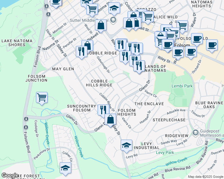 map of restaurants, bars, coffee shops, grocery stores, and more near 113 Rockbolt Circle in Folsom