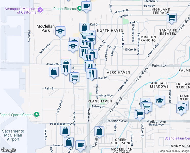 map of restaurants, bars, coffee shops, grocery stores, and more near 5560 Generals Place in North Highlands