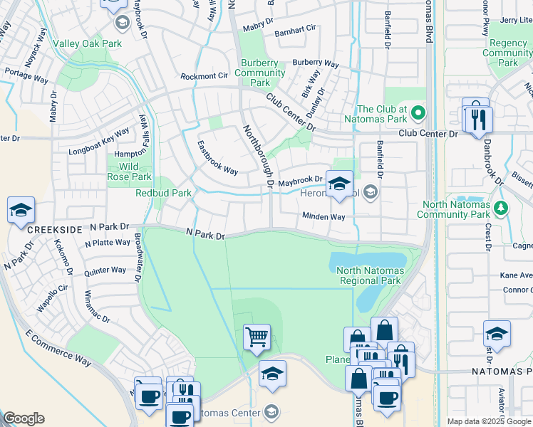map of restaurants, bars, coffee shops, grocery stores, and more near 5111 Gorham Court in Sacramento