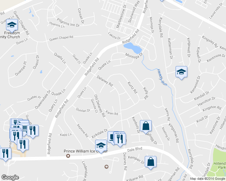 map of restaurants, bars, coffee shops, grocery stores, and more near 4953 Klein Court in Woodbridge