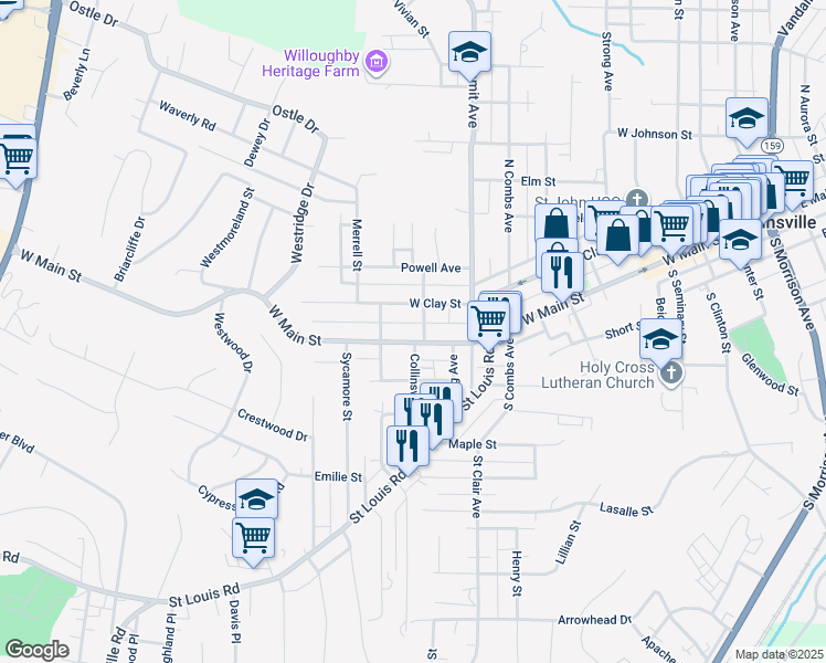 map of restaurants, bars, coffee shops, grocery stores, and more near 1103 West Main Street in Collinsville