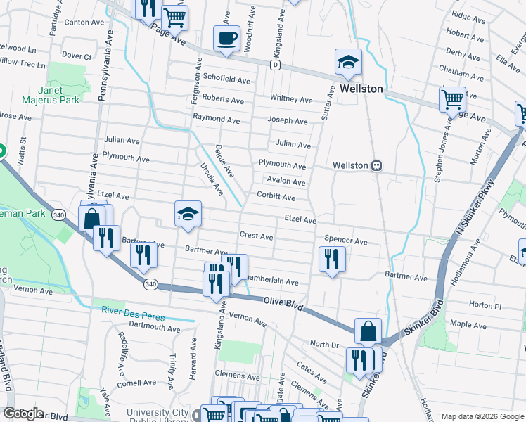 map of restaurants, bars, coffee shops, grocery stores, and more near 6633 Etzel Avenue in University City