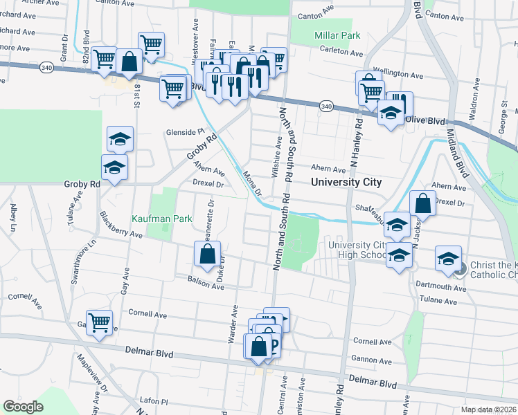 map of restaurants, bars, coffee shops, grocery stores, and more near 7723 Wild Plum Avenue in St. Louis