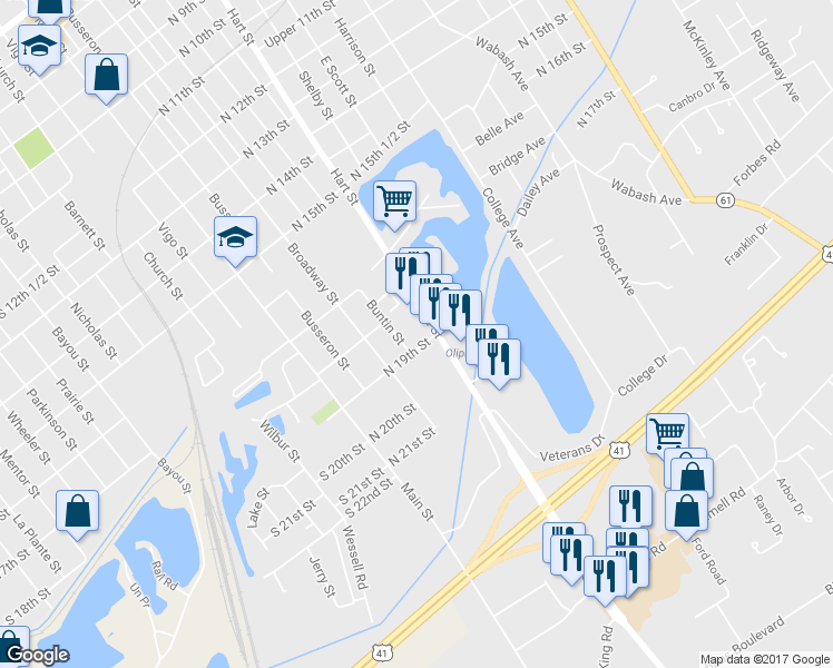 map of restaurants, bars, coffee shops, grocery stores, and more near 308 North 19th Street in Vincennes