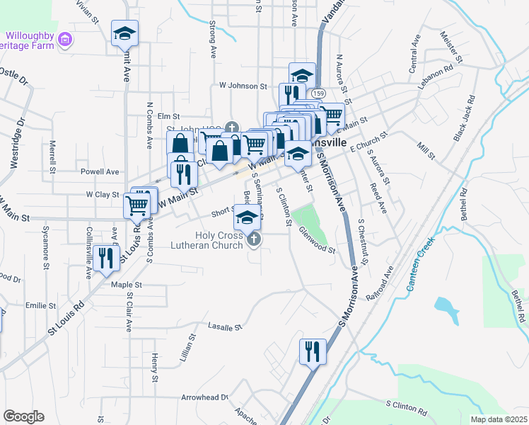 map of restaurants, bars, coffee shops, grocery stores, and more near 302 South Seminary Street in Collinsville