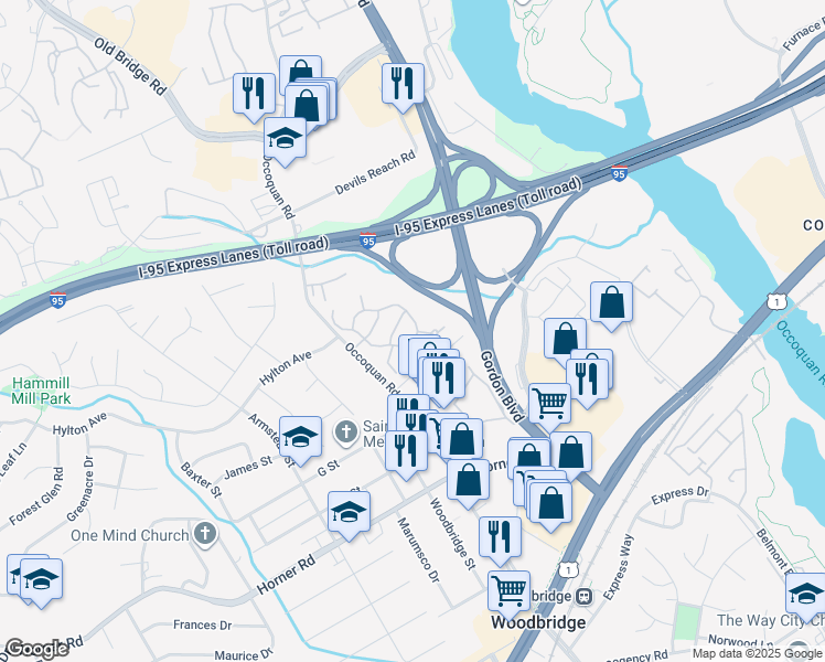 map of restaurants, bars, coffee shops, grocery stores, and more near 13244 Putnam Circle in Woodbridge