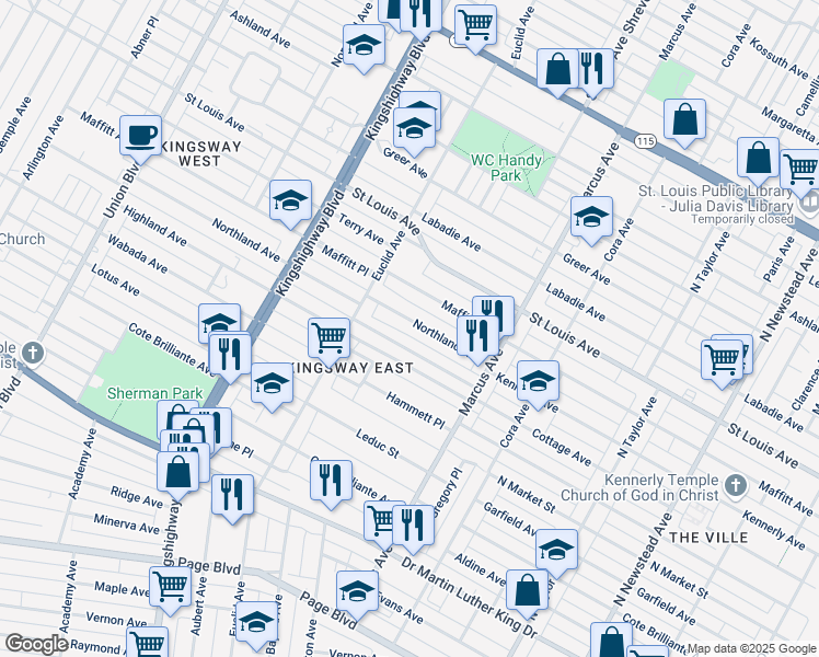 map of restaurants, bars, coffee shops, grocery stores, and more near 4807 Northland Avenue in St. Louis