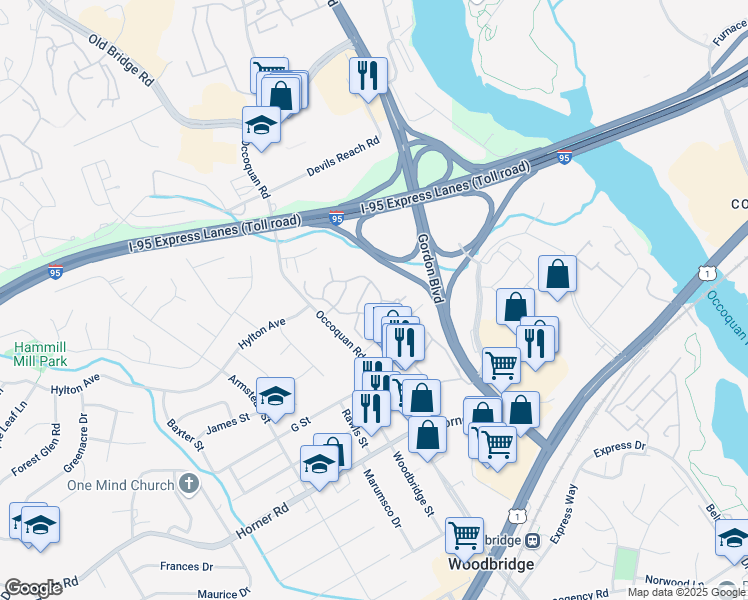 map of restaurants, bars, coffee shops, grocery stores, and more near 13197 Putnam Circle in Woodbridge