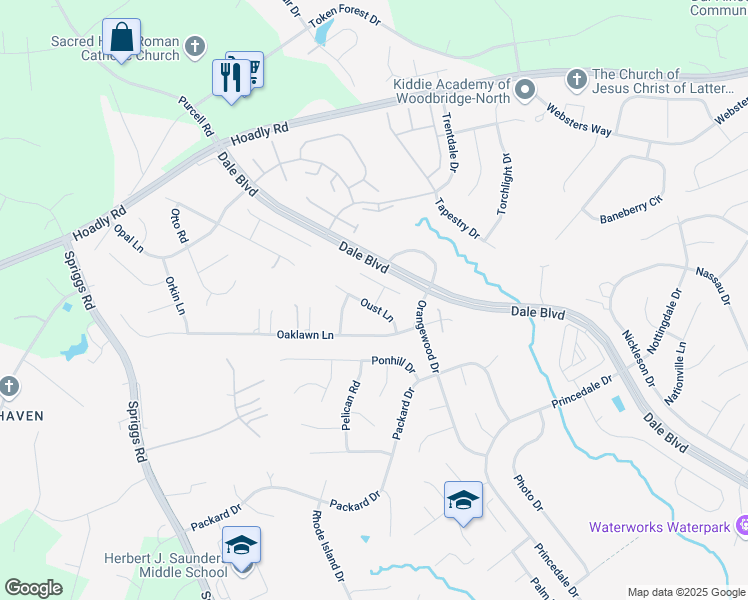 map of restaurants, bars, coffee shops, grocery stores, and more near 6094 Oust Lane in Woodbridge