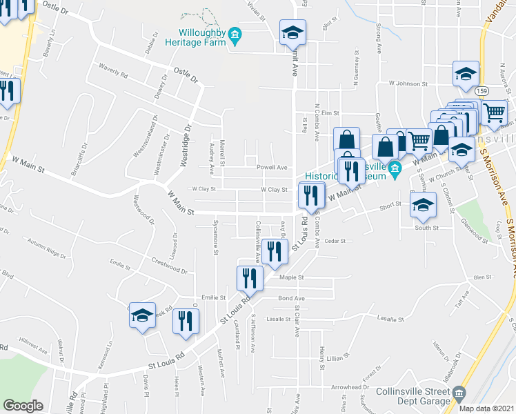 map of restaurants, bars, coffee shops, grocery stores, and more near 1103 West Main Street in Collinsville
