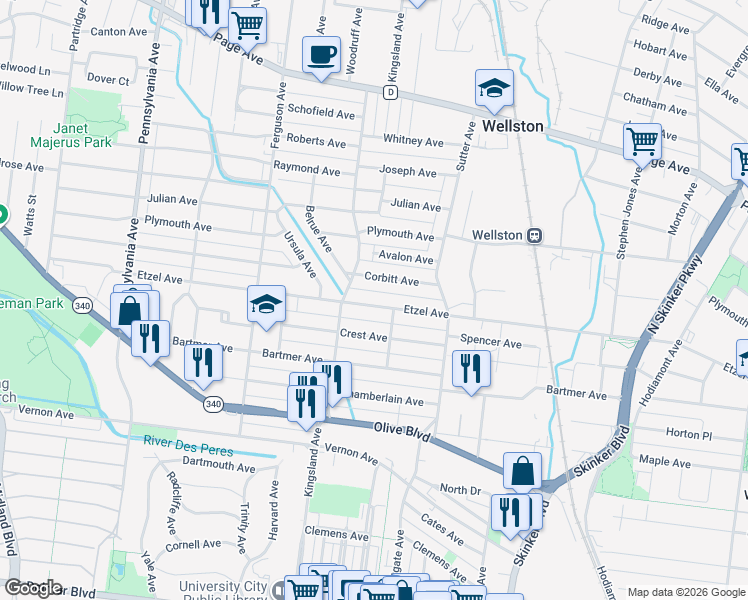 map of restaurants, bars, coffee shops, grocery stores, and more near 6633 Etzel Avenue in University City