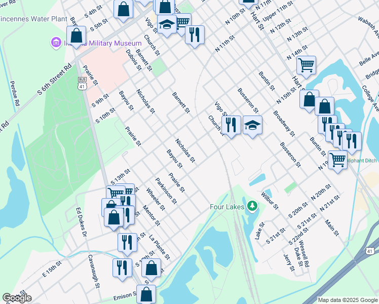 map of restaurants, bars, coffee shops, grocery stores, and more near 1406 Nicholas Street in Vincennes