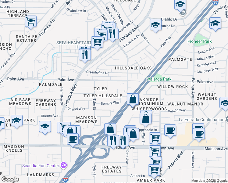 map of restaurants, bars, coffee shops, grocery stores, and more near 5527 Towhee Way in Sacramento