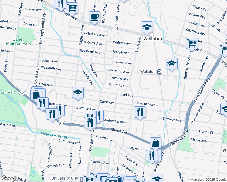 map of restaurants, bars, coffee shops, grocery stores, and more near 6547 Etzel Avenue in University City