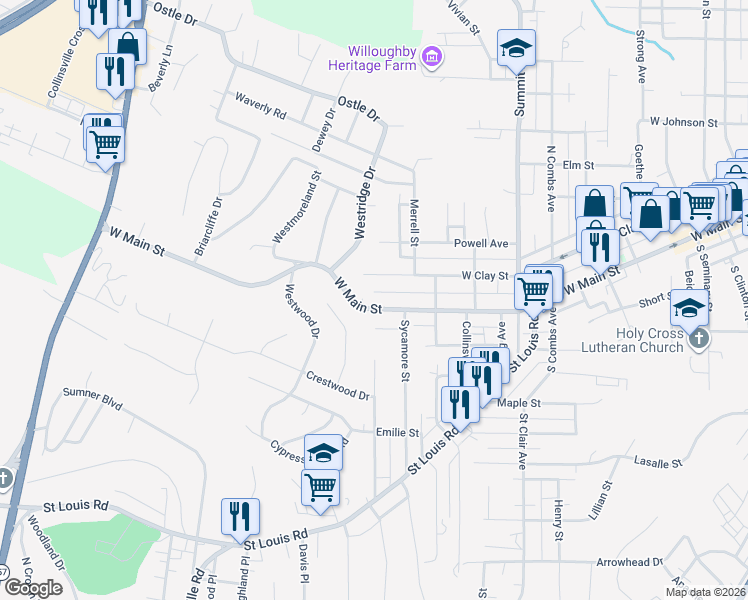 map of restaurants, bars, coffee shops, grocery stores, and more near 1301 West Main Street in Collinsville