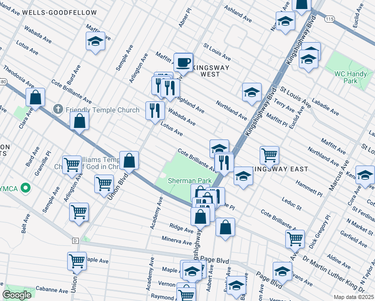 map of restaurants, bars, coffee shops, grocery stores, and more near 5119 Cote Brilliante Avenue in St. Louis