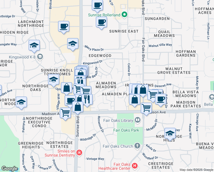 map of restaurants, bars, coffee shops, grocery stores, and more near 7996 Marsala Court in Citrus Heights