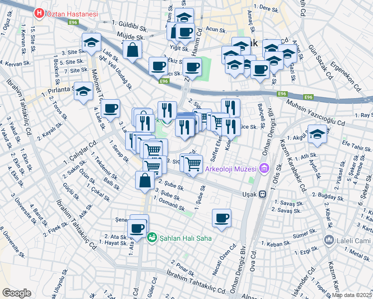 map of restaurants, bars, coffee shops, grocery stores, and more near Atatürk Meydanı Caddesi in Uşak Merkez