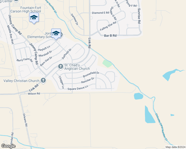 map of restaurants, bars, coffee shops, grocery stores, and more near 948 Bromefield Drive in Fountain