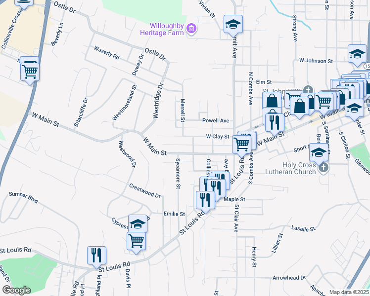 map of restaurants, bars, coffee shops, grocery stores, and more near 1201 West Main Street in Collinsville