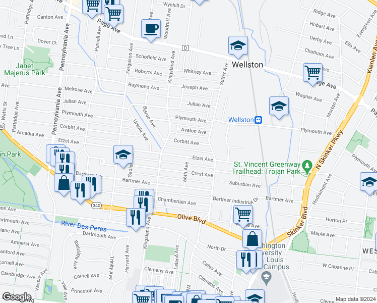 map of restaurants, bars, coffee shops, grocery stores, and more near 6541 Etzel Avenue in University City