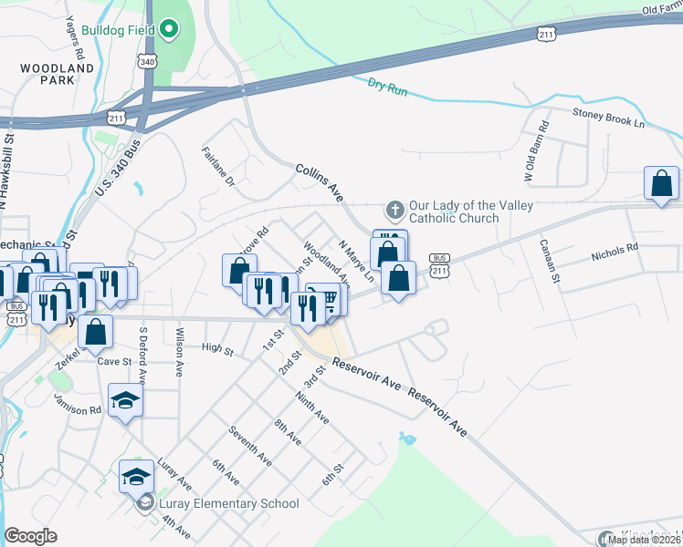 map of restaurants, bars, coffee shops, grocery stores, and more near 16 Woodland Avenue in Luray