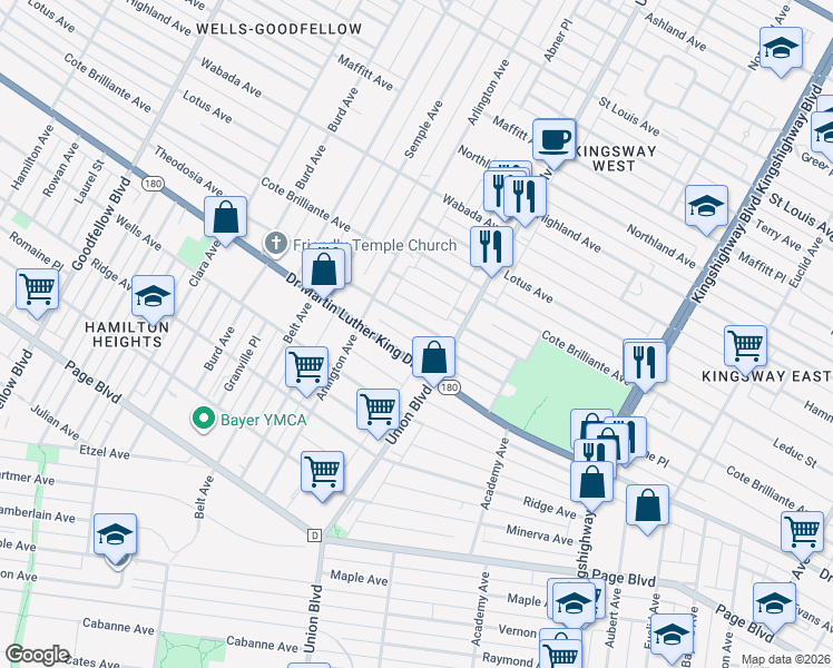 map of restaurants, bars, coffee shops, grocery stores, and more near 5336 Theodosia Avenue in St. Louis