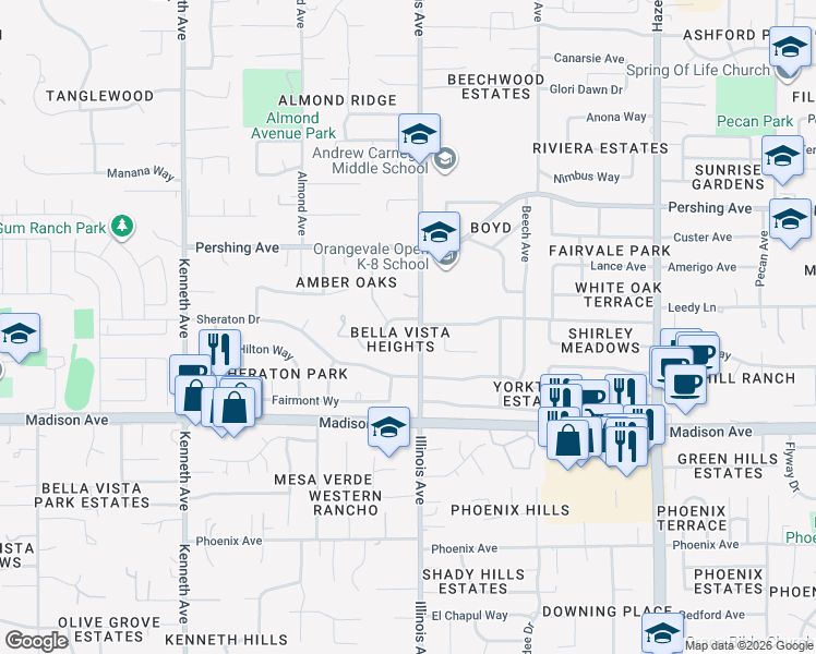 map of restaurants, bars, coffee shops, grocery stores, and more near 5559 Turnbull Circle in Fair Oaks
