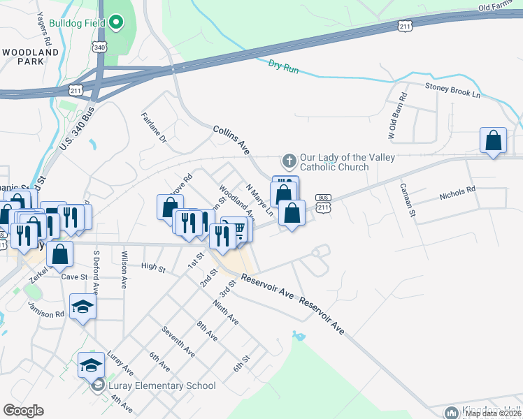 map of restaurants, bars, coffee shops, grocery stores, and more near 16 Woodland Avenue in Luray