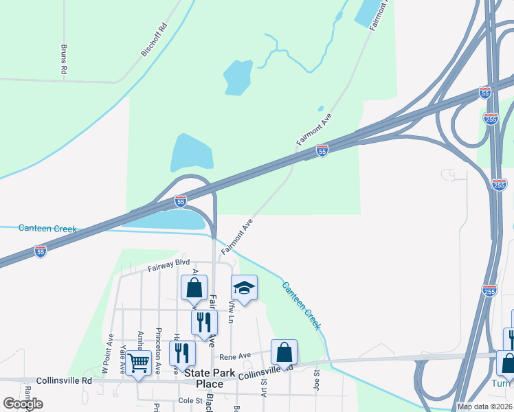 map of restaurants, bars, coffee shops, grocery stores, and more near 3425 Fairmont Avenue in Collinsville