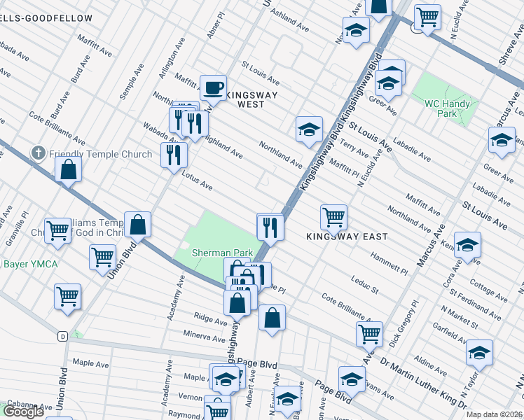 map of restaurants, bars, coffee shops, grocery stores, and more near 2301 North Kingshighway Boulevard in St. Louis