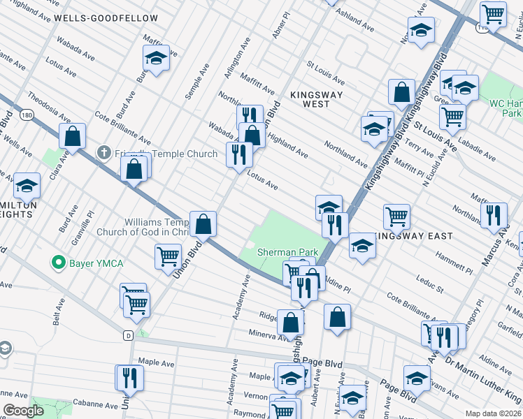 map of restaurants, bars, coffee shops, grocery stores, and more near 5206 Cote Brilliante Avenue in St. Louis